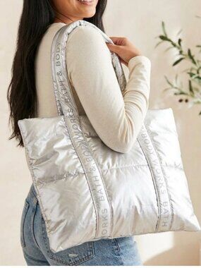 Bath & Body Works Metallic Silver Quilted Puffer Tote Bag, NWT